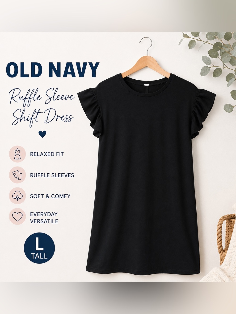 Old Navy Black Ruffle Sleeve Shift Dress Size Large Tall